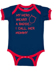 Hero Wears Badge Baby Ruffled Trim Romper-Direct To Garment Print-Brisco Baby