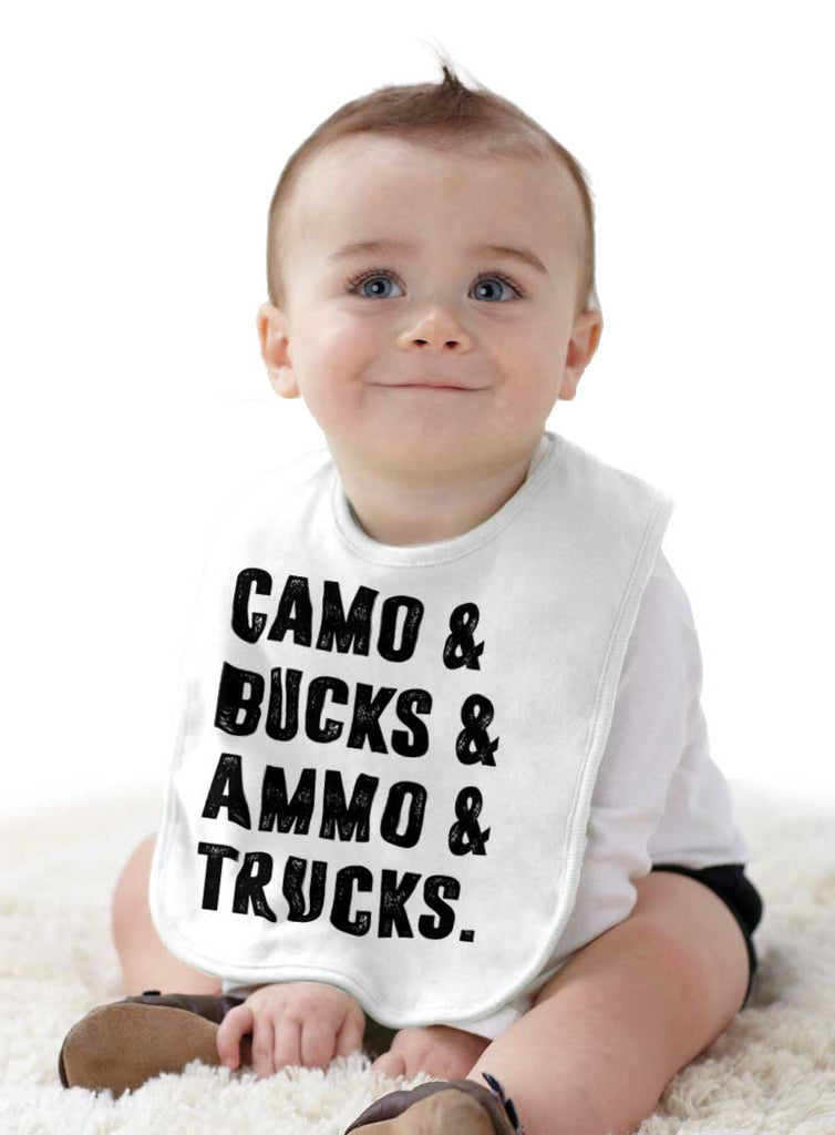 Camo Bucks Ammo Trucks Infant Baby Bib-Direct To Garment Print-Brisco Baby