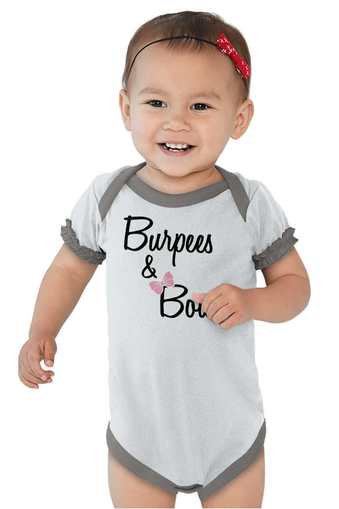 Burpees and Bows Baby Ruffled Trim Romper-Direct To Garment Print-Brisco Baby