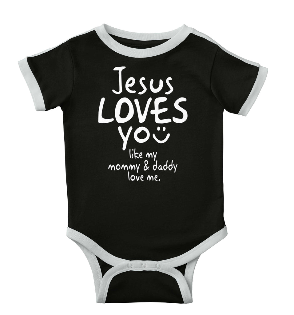 Jesus Loves You Ringer Romper Bodysuit-Direct To Garment Print-Brisco Baby