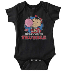 Here Comes Trubble Romper Bodysuit-Direct To Garment Print-Brisco Baby