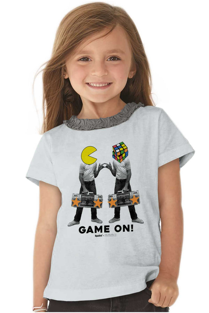 Pac-Man Rubiks Game On Toddler Ruffled Trim T-Shirt-Direct To Garment Print-Brisco Baby