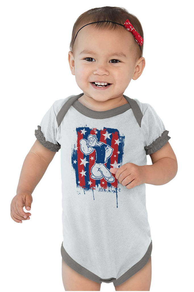 Stars Stripes Popeye Baby Ruffled Trim Romper-Direct To Garment Print-Brisco Baby