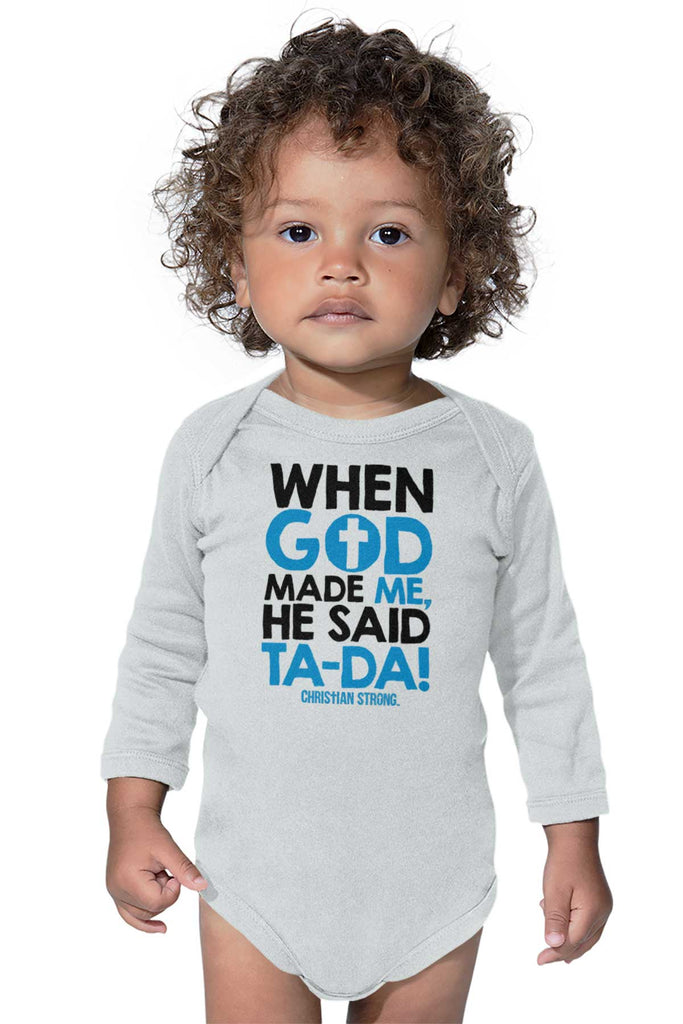 God Said Ta-Da Infant Baby Long Sleeve Romper-Direct To Garment Print-Brisco Baby