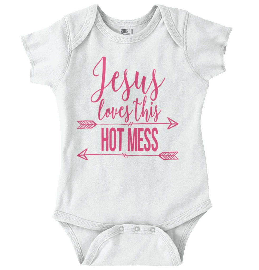 Jesus Loves Hot Mess Romper Bodysuit-Direct To Garment Print-Brisco Baby