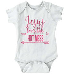 Jesus Loves Hot Mess Romper Bodysuit-Direct To Garment Print-Brisco Baby
