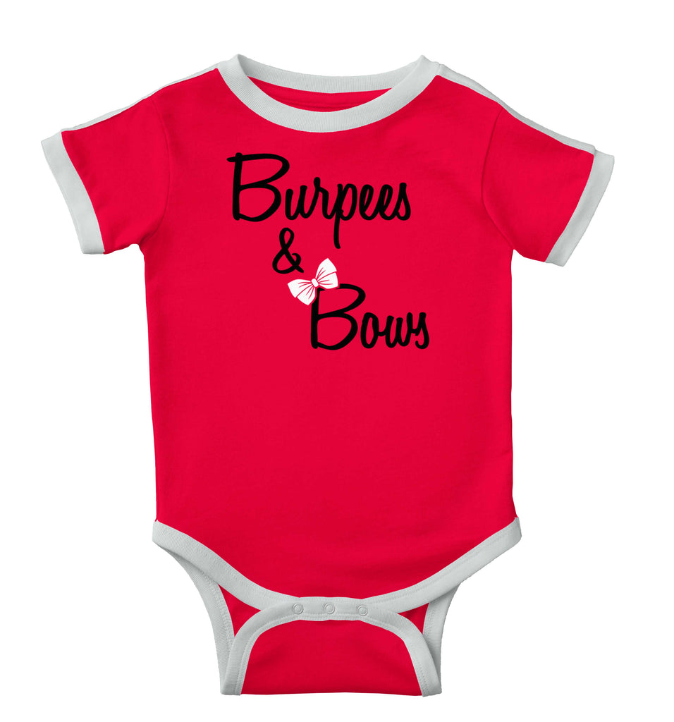 Burpees and Bows Ringer Romper Bodysuit-Direct To Garment Print-Brisco Baby