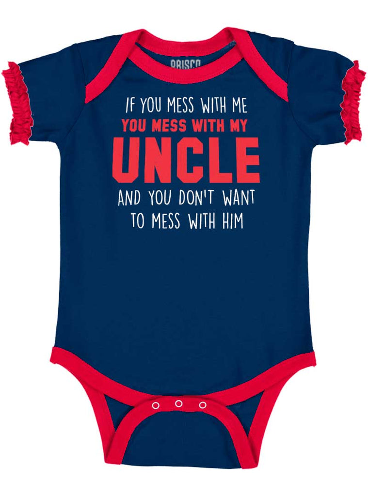 Mess With My Uncle Baby Ruffled Trim Romper-Direct To Garment Print-Brisco Baby