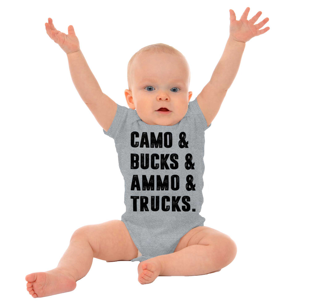 Camo Bucks Ammo Trucks Romper Bodysuit-Direct To Garment Print-Brisco Baby