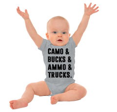 Camo Bucks Ammo Trucks Romper Bodysuit-Direct To Garment Print-Brisco Baby