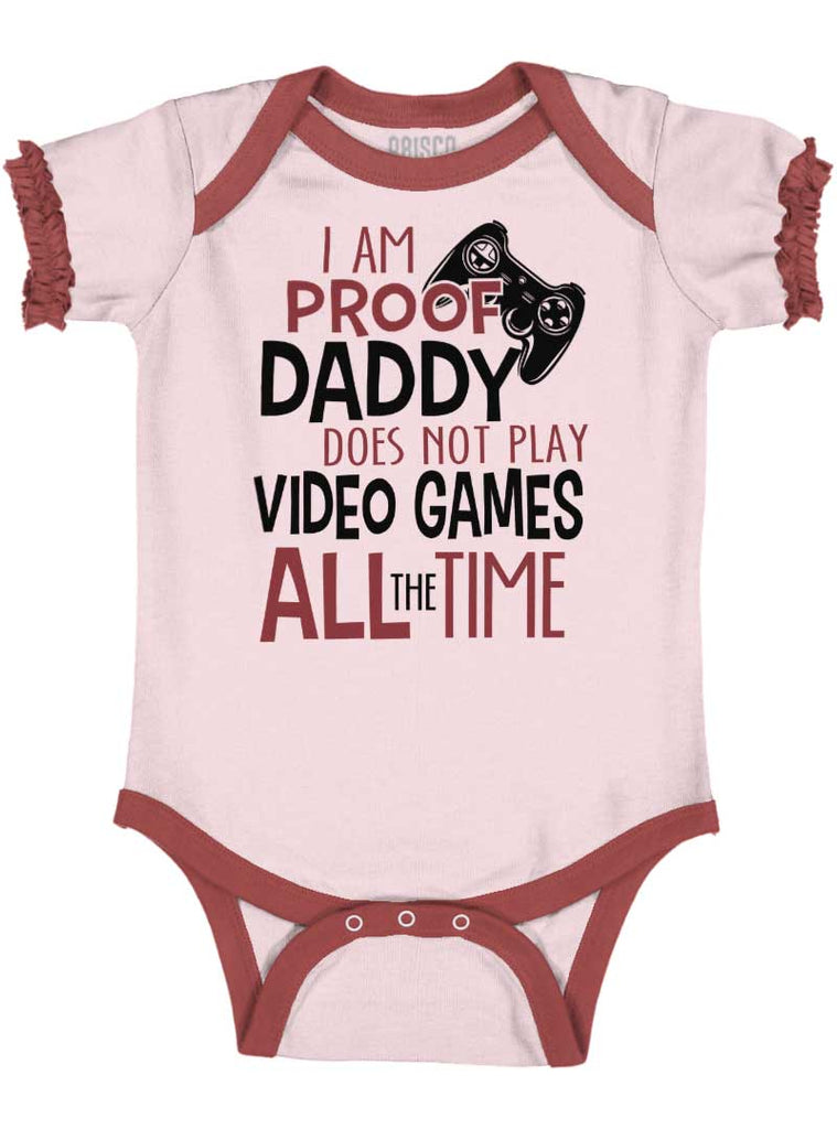 Daddy Plays Video Games Baby Ruffled Trim Romper-Direct To Garment Print-Brisco Baby