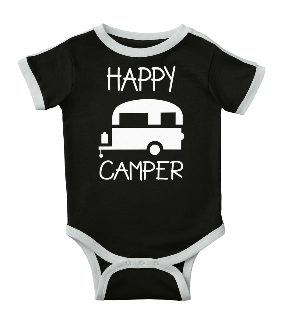 Happy Camper Ringer Romper Bodysuit-Direct To Garment Print-Brisco Baby