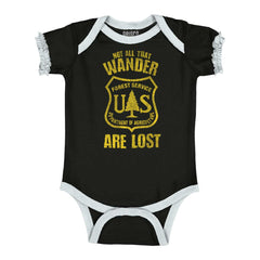 No All Who Wander Baby Ruffled Trim Romper-Direct To Garment Print-Brisco Baby