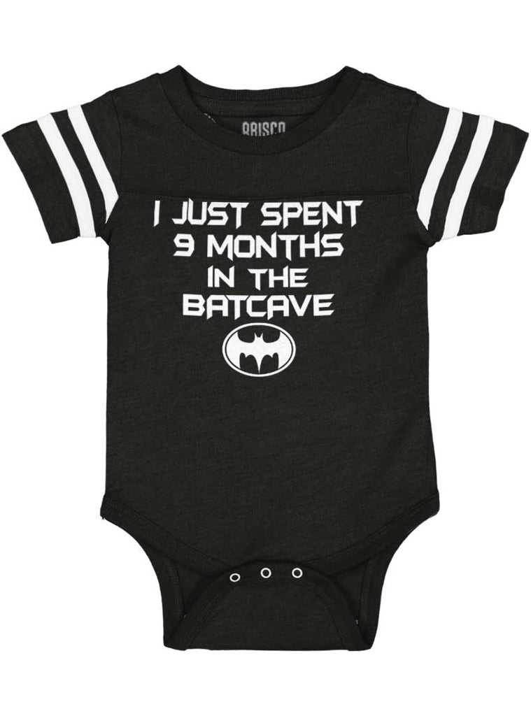 9 Months in Batcave Football Romper Bodysuit-Direct To Garment Print-Brisco Baby