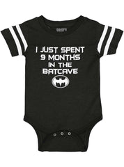 9 Months in Batcave Football Romper Bodysuit-Direct To Garment Print-Brisco Baby