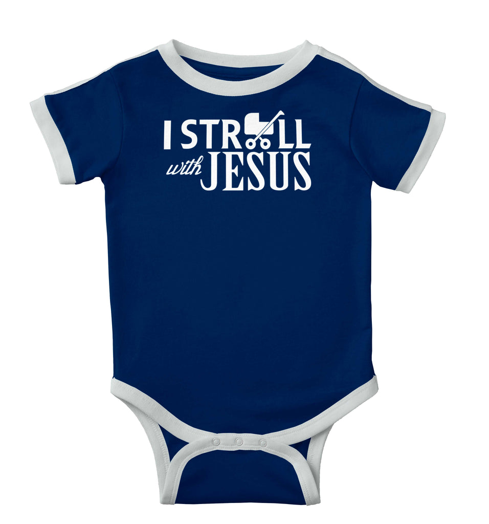 Stroll With Jesus Ringer Romper Bodysuit-Direct To Garment Print-Brisco Baby