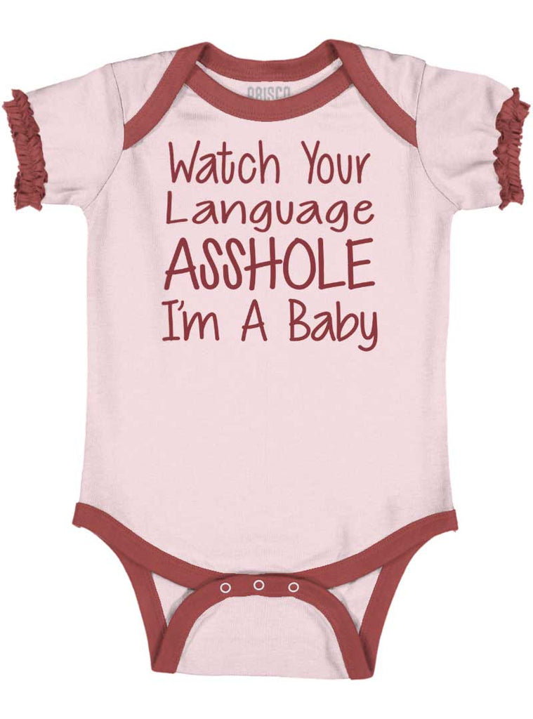 Watch The Language Baby Ruffled Trim Romper-Direct To Garment Print-Brisco Baby
