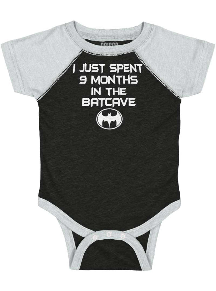9 Months in Batcave Raglan Romper Bodysuit-Direct To Garment Print-Brisco Baby