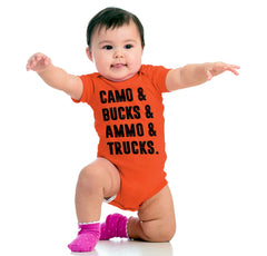 Camo Bucks Ammo Trucks Romper Bodysuit-Direct To Garment Print-Brisco Baby