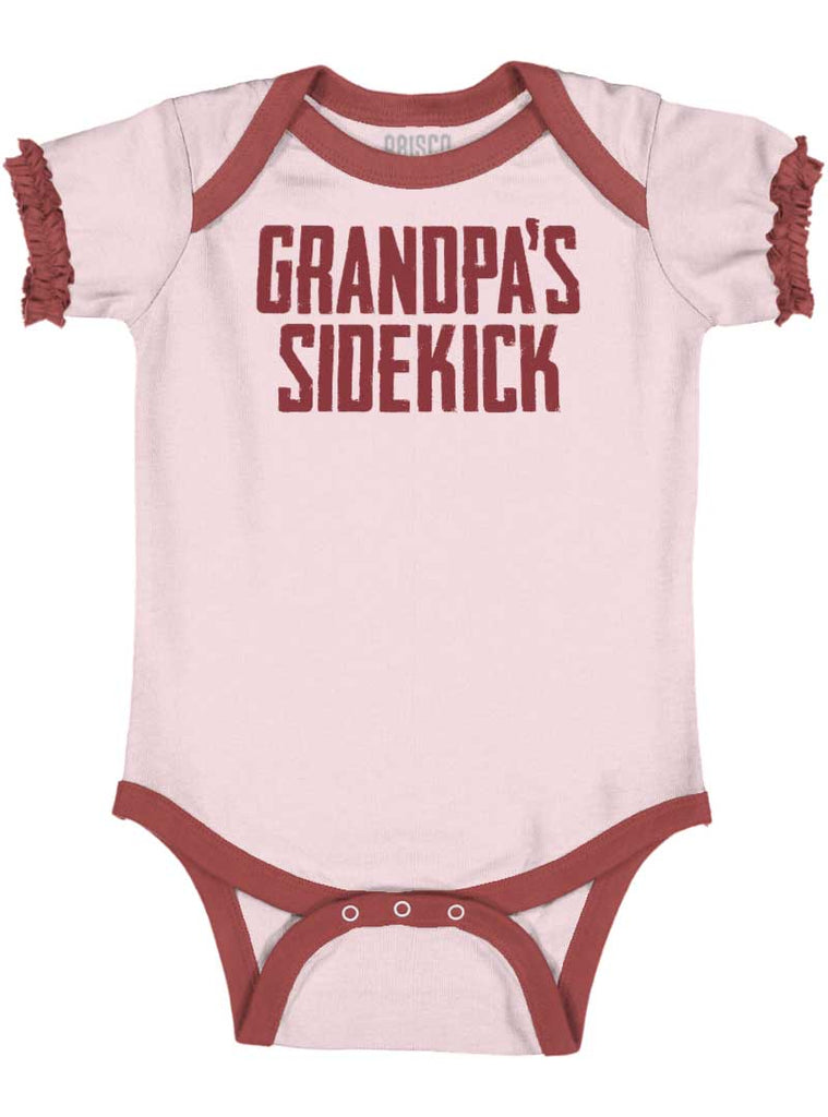 Grandpa's Sidekick Baby Ruffled Trim Romper-Direct To Garment Print-Brisco Baby