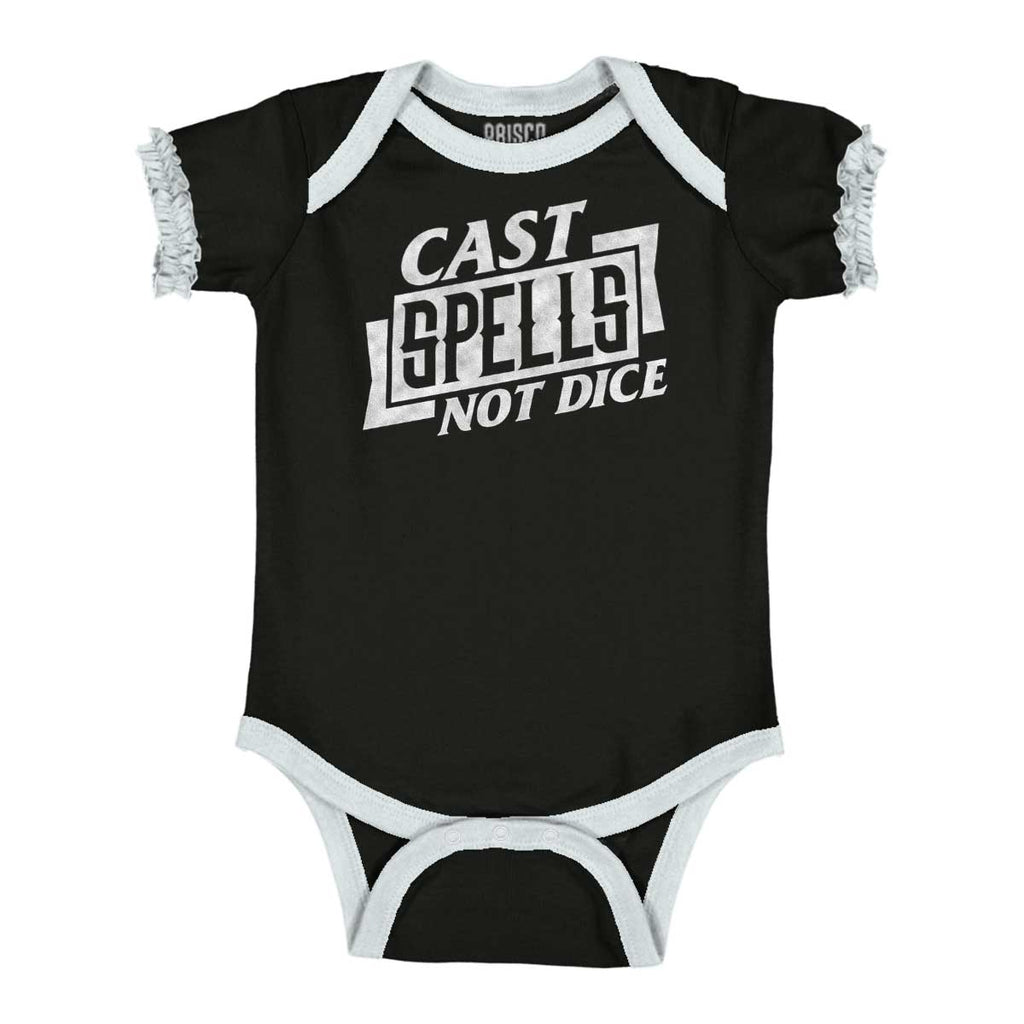 Cast Spells Not Dice Dungeons Baby Ruffled Trim Romper-Direct To Garment Print-Brisco Baby