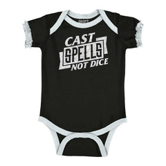 Cast Spells Not Dice Dungeons Baby Ruffled Trim Romper-Direct To Garment Print-Brisco Baby