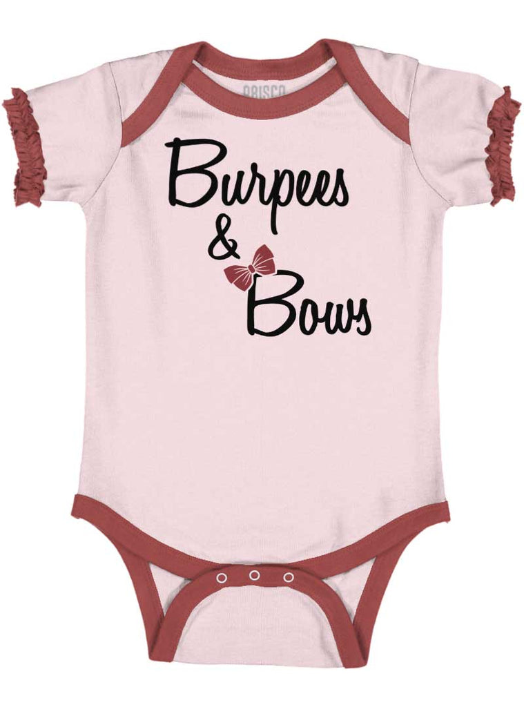 Burpees and Bows Baby Ruffled Trim Romper-Direct To Garment Print-Brisco Baby