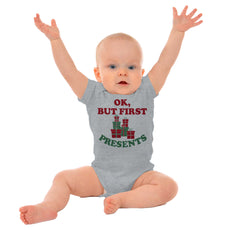 But First Presents Romper Bodysuit-Direct To Garment Print-Brisco Baby