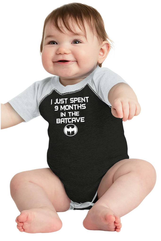 9 Months in Batcave Raglan Romper Bodysuit-Direct To Garment Print-Brisco Baby