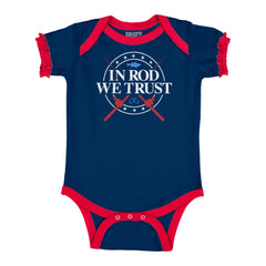 In Rod We Trust Ruffled Trim Bodysuit-Direct To Garment Print-Brisco Baby