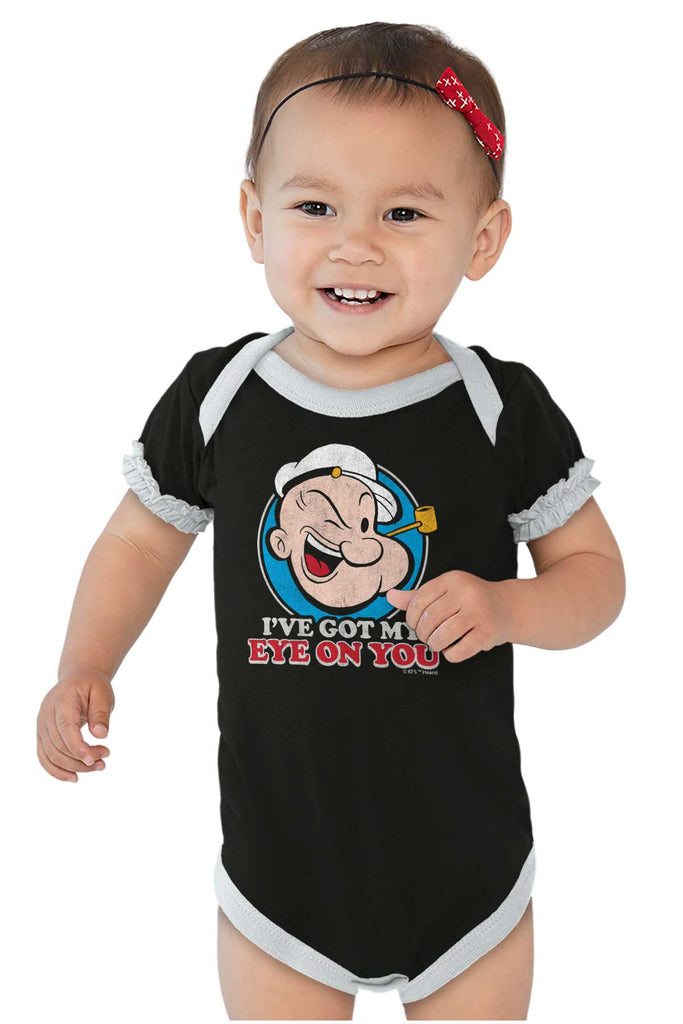 Got My Eye On You Baby Ruffled Trim Romper-Direct To Garment Print-Brisco Baby