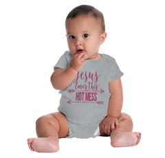 Jesus Loves Hot Mess Romper Bodysuit-Direct To Garment Print-Brisco Baby