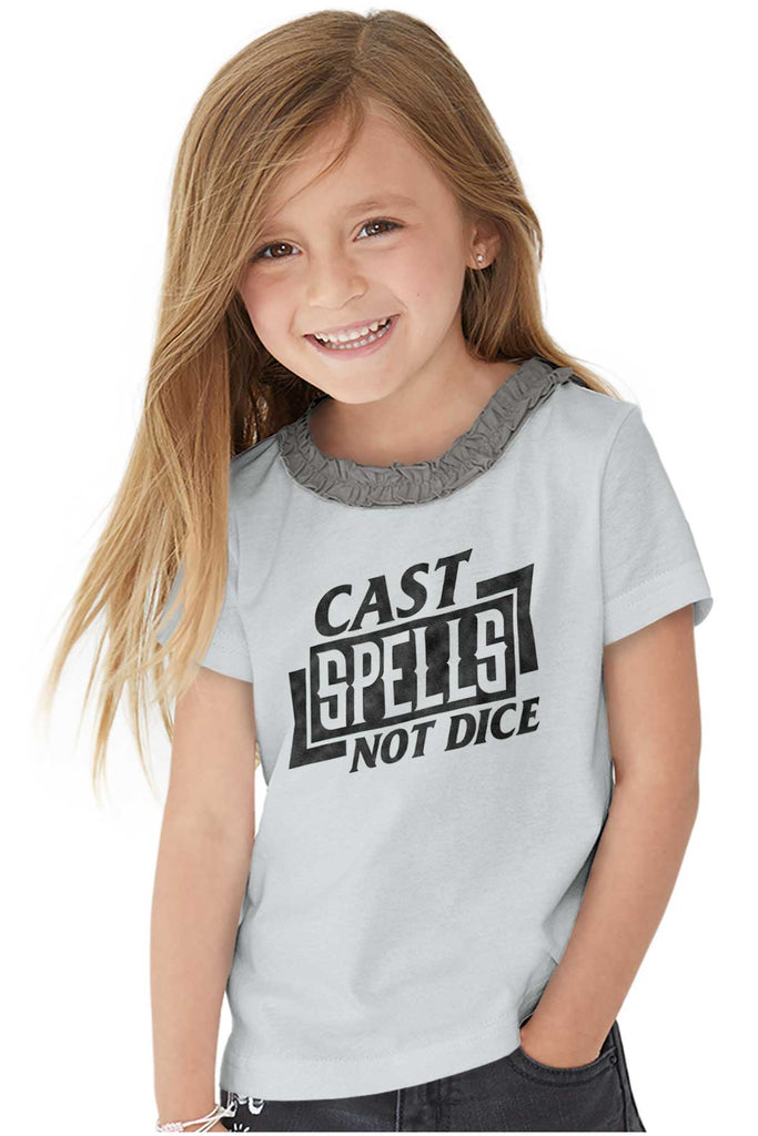 Cast Spells Not Dice Dungeons Toddler Ruffled Trim T-Shirt-Direct To Garment Print-Brisco Baby