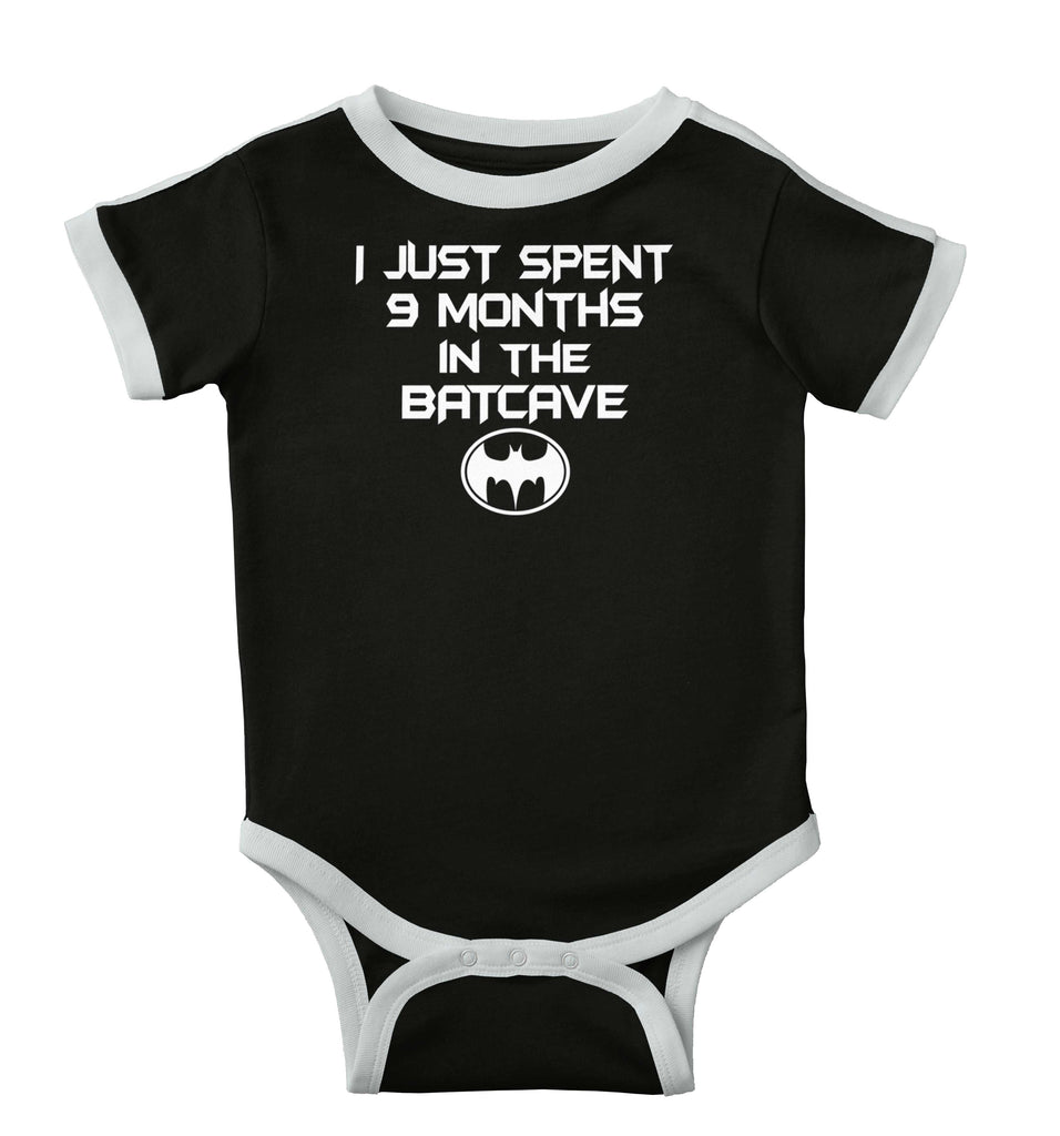 9 Months in Batcave Ringer Romper Bodysuit-Direct To Garment Print-Brisco Baby