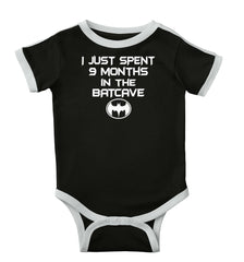9 Months in Batcave Ringer Romper Bodysuit-Direct To Garment Print-Brisco Baby