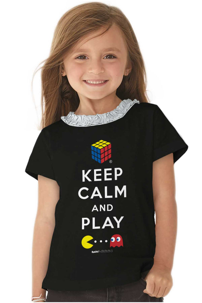 Keep Calm And Play Toddler Ruffled Trim T-Shirt-Direct To Garment Print-Brisco Baby