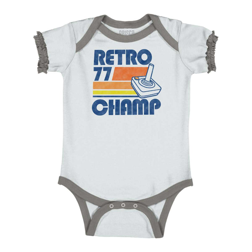 Retro 77 Champ Gamer Dragons Baby Ruffled Trim Romper-Direct To Garment Print-Brisco Baby