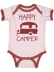 Happy Camper Baby Ruffled Trim Romper-Direct To Garment Print-Brisco Baby