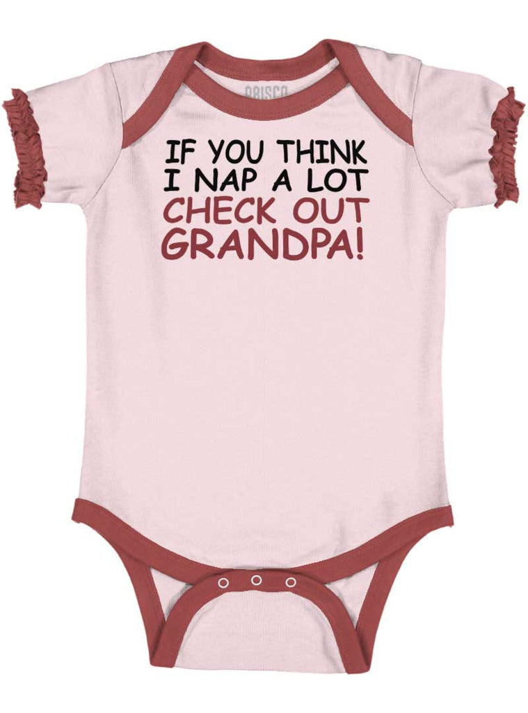 Check Out Grandpa Baby Ruffled Trim Romper-Direct To Garment Print-Brisco Baby