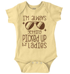 Picked Up By Ladies Romper Bodysuit-Direct To Garment Print-Brisco Baby