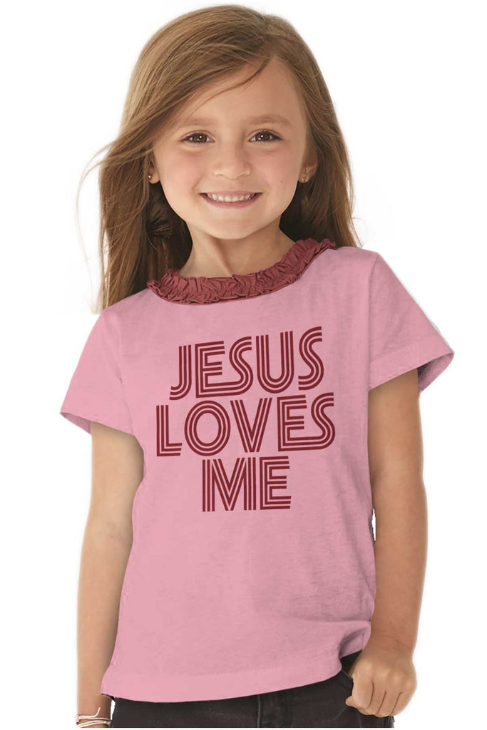 Christ Loves Me Toddler Ruffled Trim T-Shirt-Direct To Garment Print-Brisco Baby