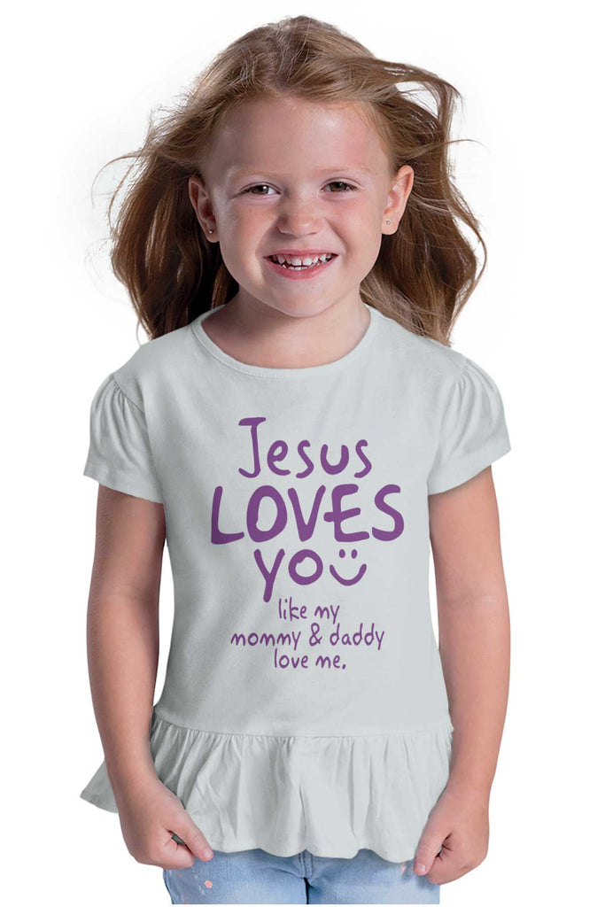 Jesus Loves You Toddler Ruffle Bottom Tee-Direct To Garment Print-Brisco Baby