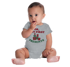 But First Presents Romper Bodysuit-Direct To Garment Print-Brisco Baby