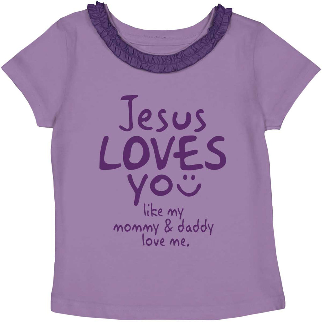 Jesus Loves You Toddler Ruffled Trim T-Shirt-Direct To Garment Print-Brisco Baby