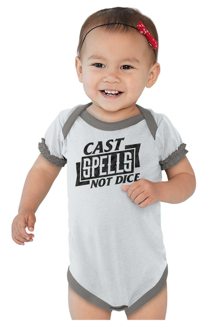 Cast Spells Not Dice Dungeons Baby Ruffled Trim Romper-Direct To Garment Print-Brisco Baby