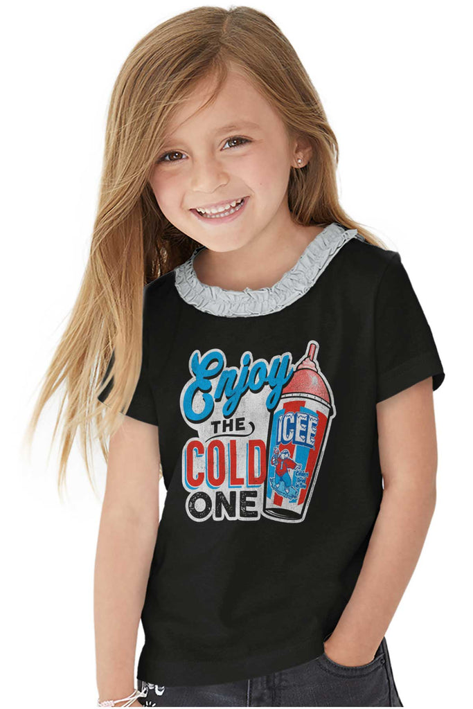 Enjoy The Cold One Toddler Ruffled Trim T-Shirt-Direct To Garment Print-Brisco Baby
