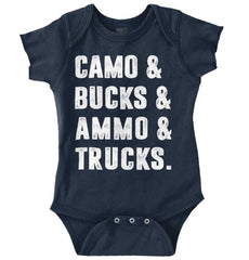 Camo Bucks Ammo Trucks Romper Bodysuit-Direct To Garment Print-Brisco Baby