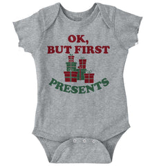But First Presents Romper Bodysuit-Direct To Garment Print-Brisco Baby