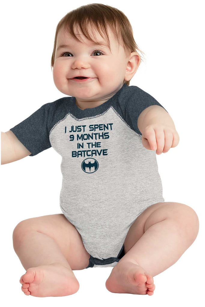 9 Months in Batcave Raglan Romper Bodysuit-Direct To Garment Print-Brisco Baby