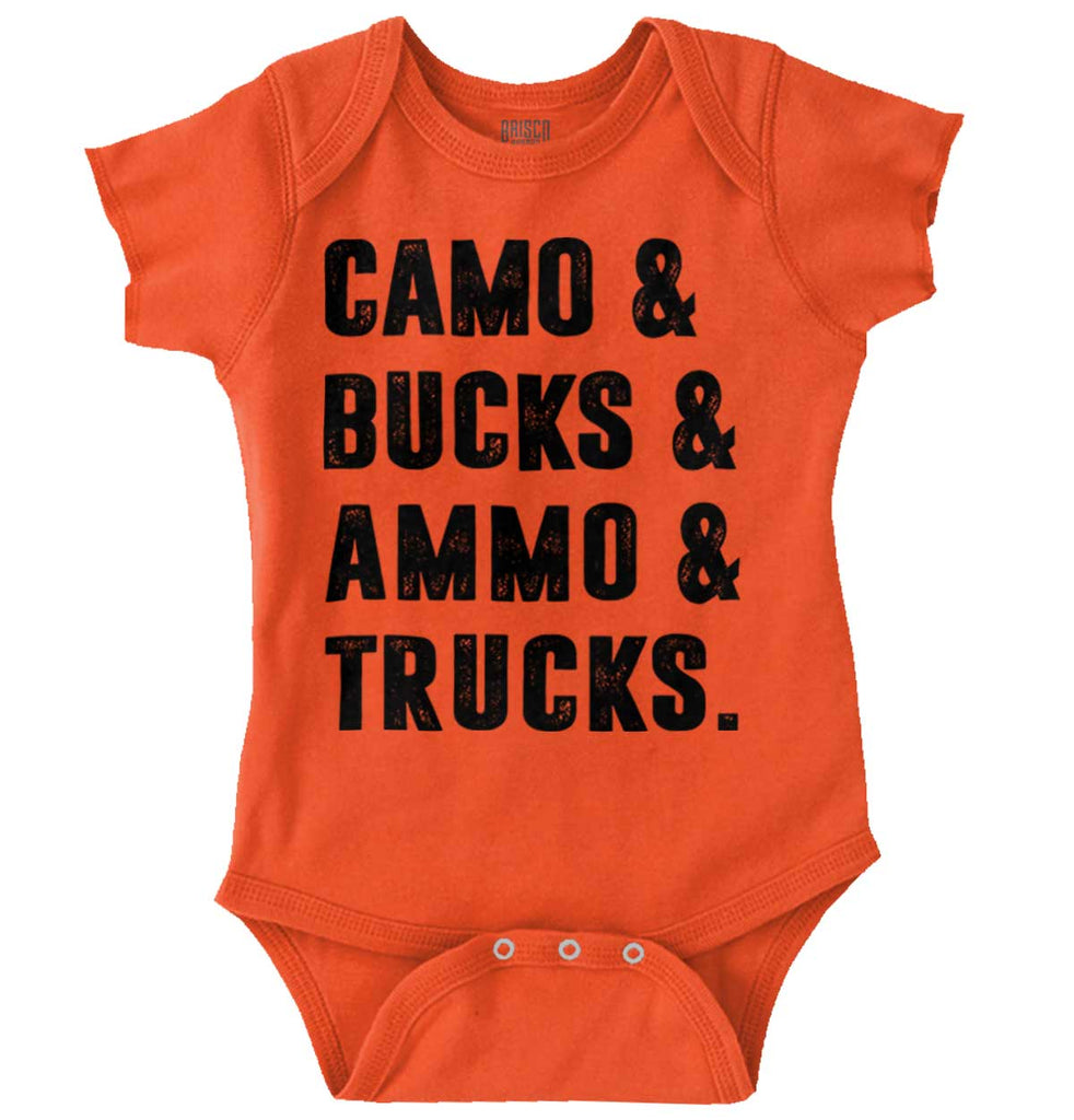 Camo Bucks Ammo Trucks Romper Bodysuit-Direct To Garment Print-Brisco Baby